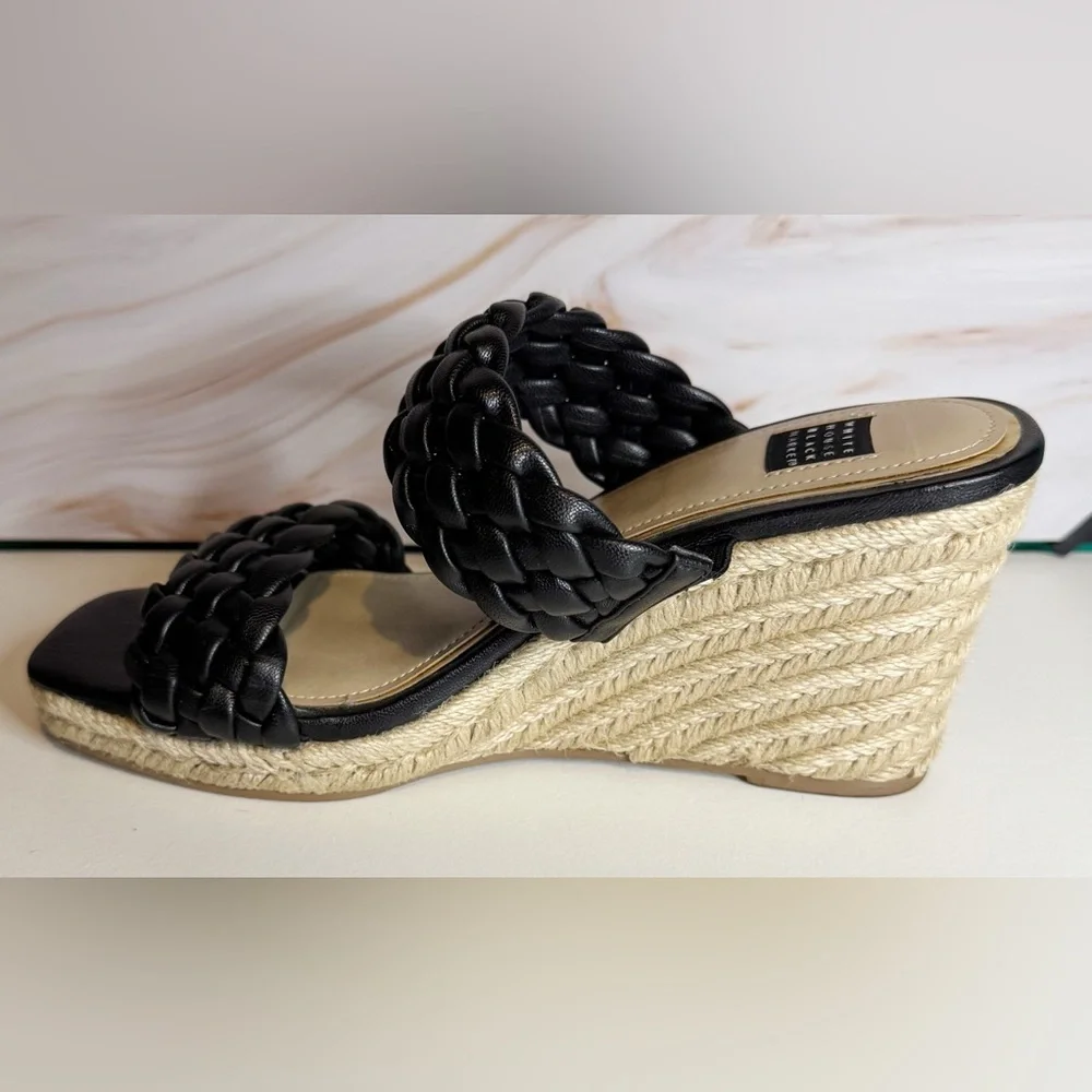 White House Black Market Black Braided Wedge Sandals Espadrille Platform 8